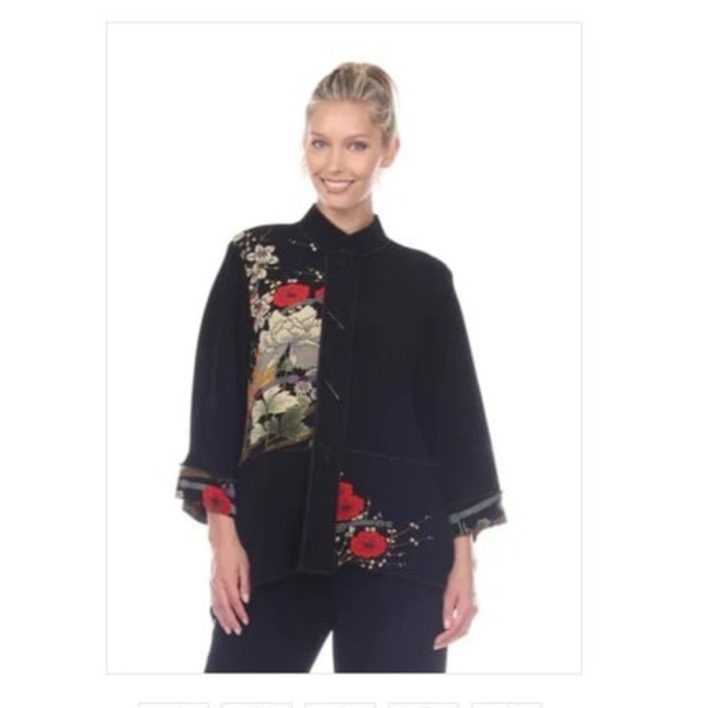 Moonlight Mandarin Collar Jacket Women Garden M Black Floral Toggle Artsy Kimono